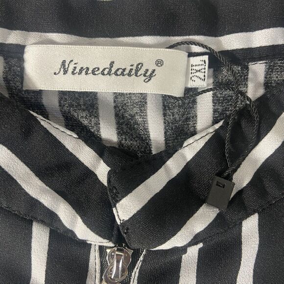 Ninedaily Blouse Black White Stripe 3/4 Sleeve Button Zipper Front Plus Size 2XL - Picture 5 of 11